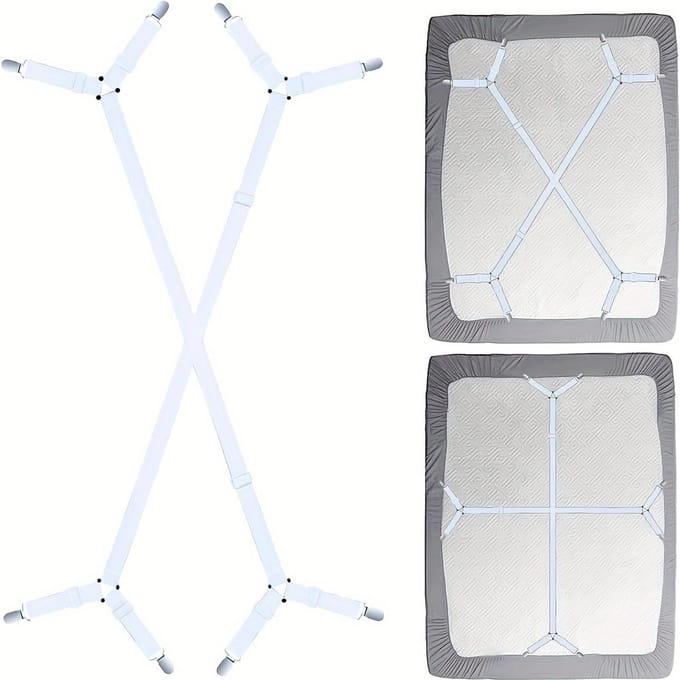 Sangle de support de drap réglable en 2 pièces - Support croisé pour toutes les tailles de matelas, attaches triangulaires élastiques, nylon noir, support de drap blanc