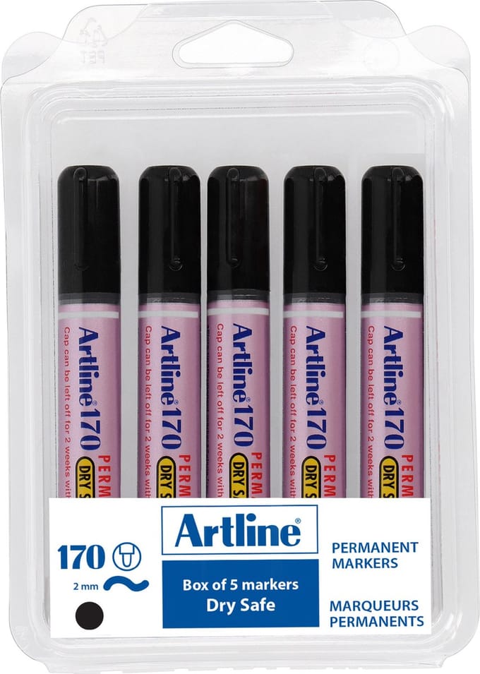 Artline 170 Drysafe Permanent Marker - Set 5 Stuks - Kogelpunt 2,0mm - Watervast & Wrijfvast - Zwart