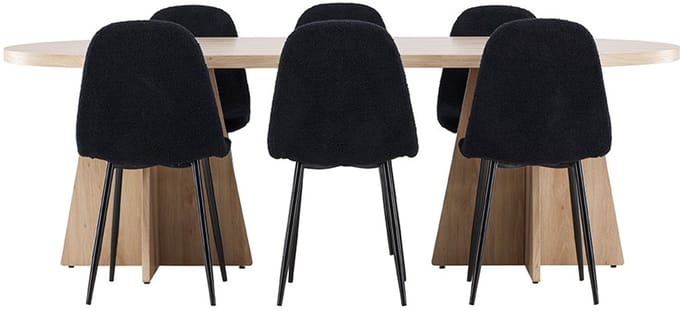 Bootcut eethoek tafel 115x230cm en 6 teddy stoelen naturel.