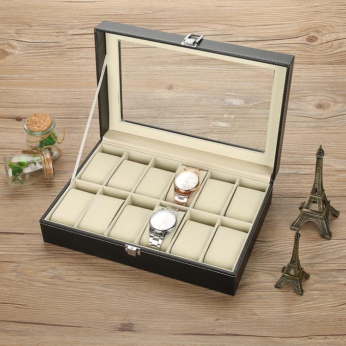 12 Vakken PU Leer Horloge Display Case Opbergdoos Organizer Horloge Sieraden Display Doos gray