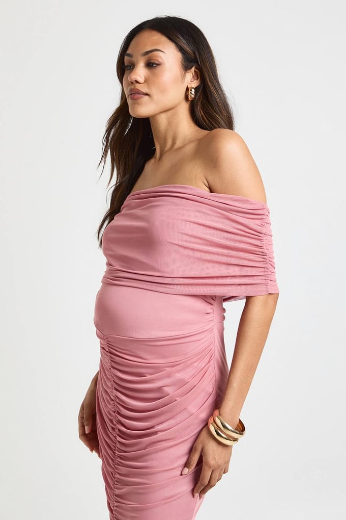 boohoo Dames Zwangerschaps Gerimpelde Bardot Mesh Zoom Midaxi | Rose | Maat: 10