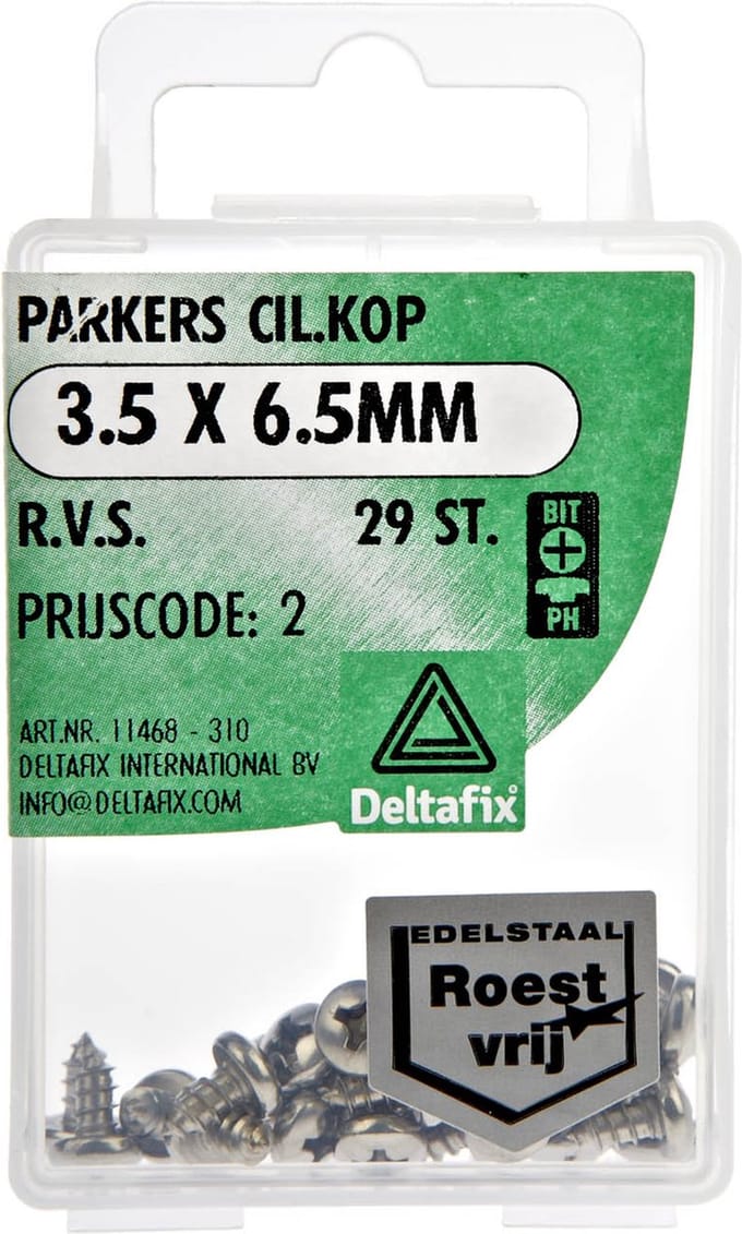 Deltafix.PARKERS CIlinder KOP 3.5 x 6.5MM . R.V.S. 29 Stuks metaal schroeven. Hout schroef.