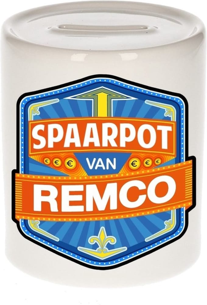Bellatio Decorations Kinder spaarpot met naam - Remco - keramiek - met dop - wit - Sparen - Spaargeld van Remco