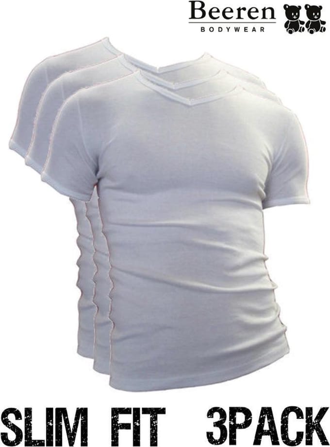 Beeren heren T-Shirt - V-Hals - maat M - 3-Pack - Wit - Slim Fit