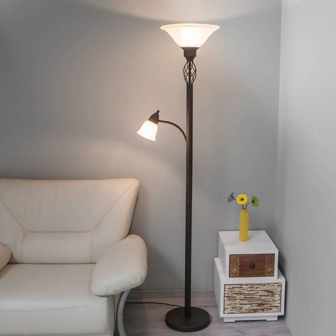 Lucande - vloerlamp - 2lichts - Metaal, glas - H: 180 cm - E27 - roestbruin, wit albast