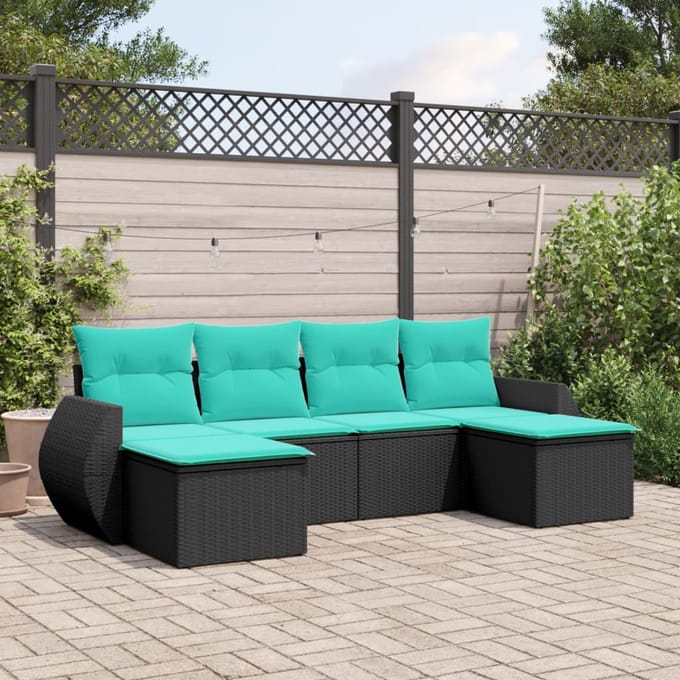 vidaXL - 6-delige - tuinbankset - met - kussens - van - zwart - polyrotan