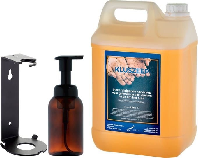 Zeepdispenser 300 ml amber bruin hervulbaar + 5 liter Kluszeep navulling (inclusief beugel)