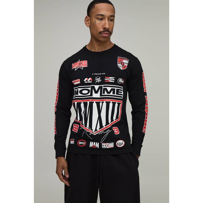 Regular Fit T-shirt Met Lange Mouwen En Multi Print Plaatsing | Black | Size Large