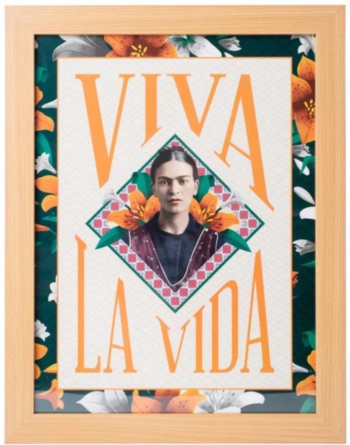 Frida Kahlo Ingelijst fotolijst hout eiken kleur kunst 30 x 40 cm.