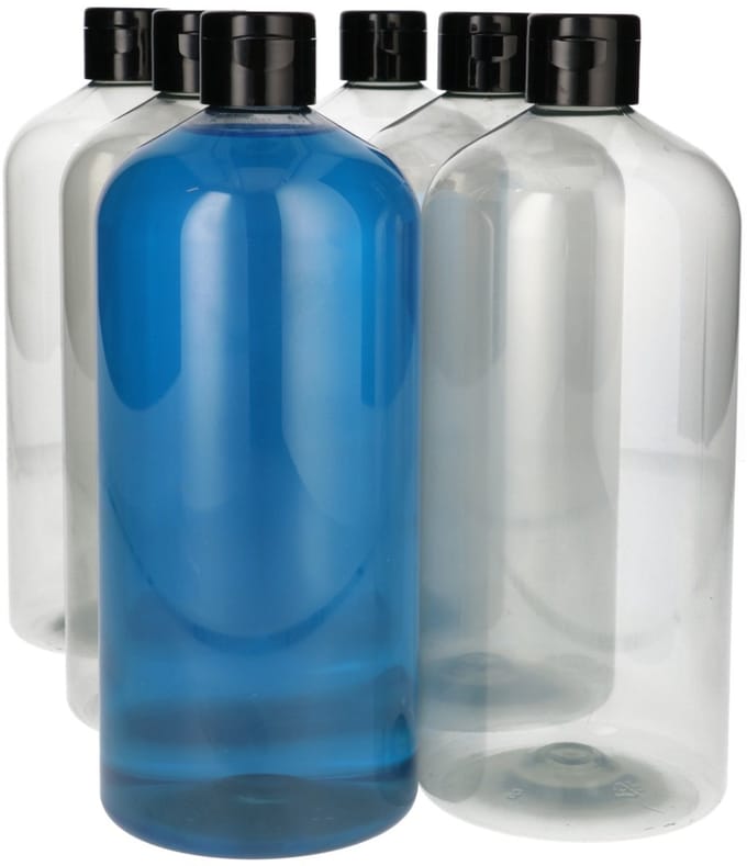 6 x 1000 ml Basic Round 100% R-PET transparant + klepdop zwart - 6 stuks