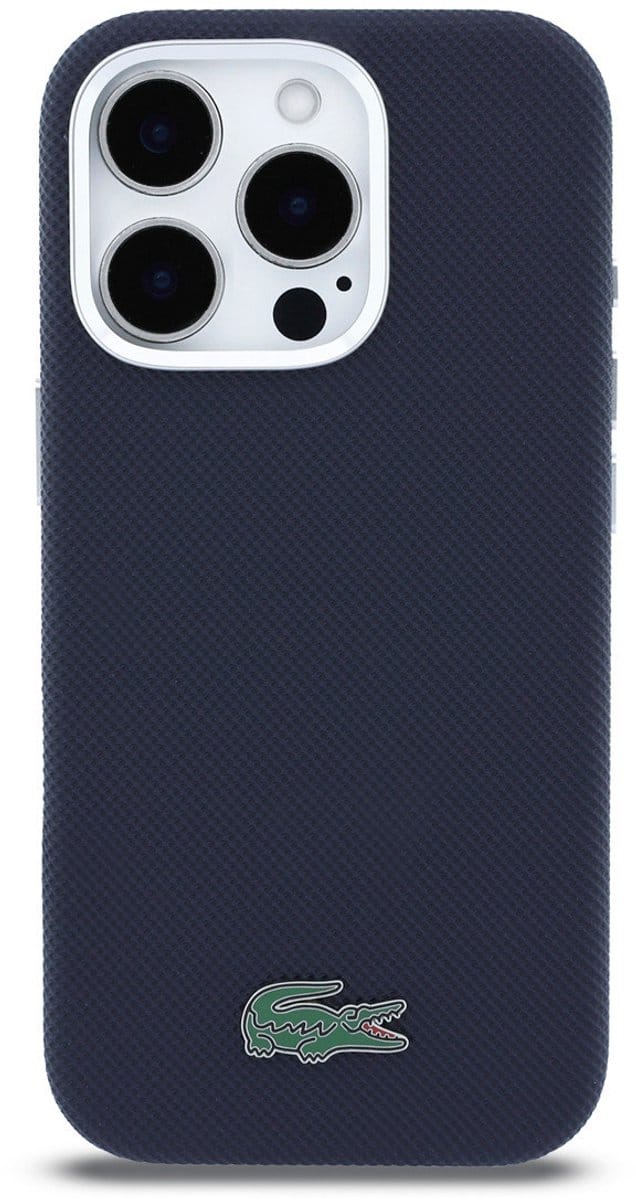 Lacoste Back Cover Case voor iPhone 16 Pro - Navy - MagSafe-compatibel - Metaalranden - Iconisch logo