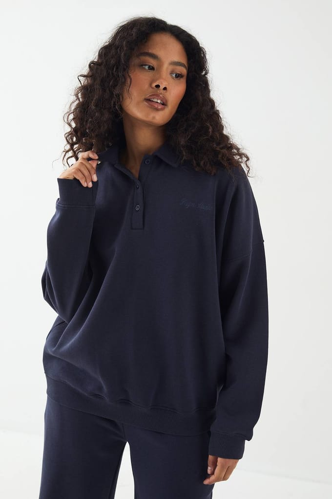 Dames DSGN Studio Geborduurd Sweatshirt met Kraag | Marineblauw | Maat: Medium