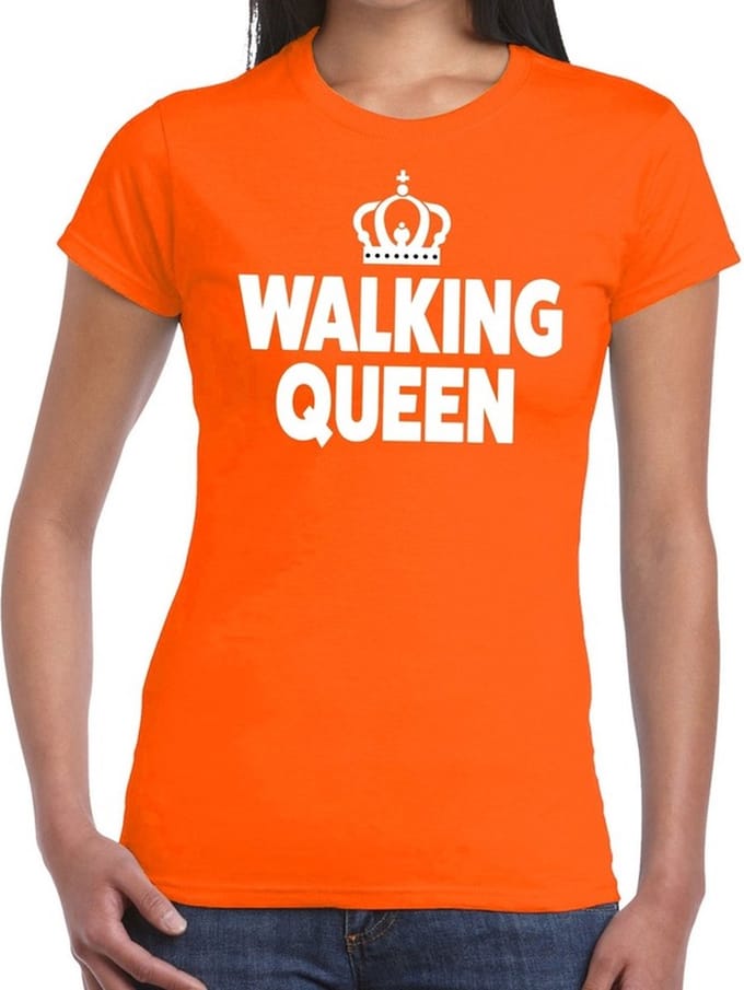 Walking Queen t-shirt oranje dames - feest shirts dames - wandel/avondvierdaagse kleding M
