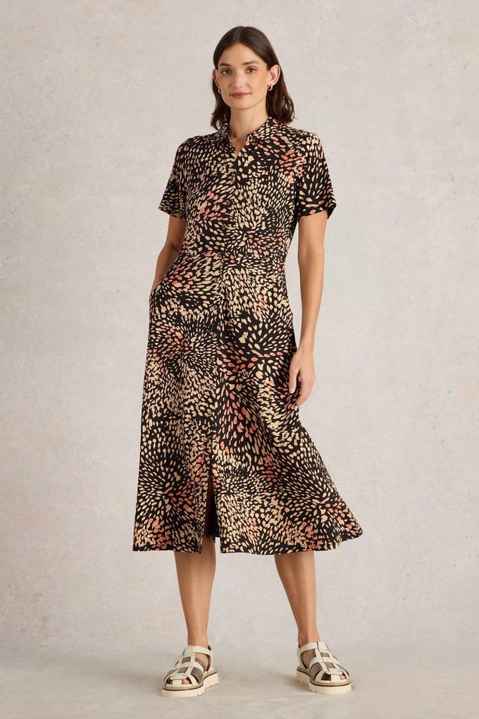 White Stuff Rua Jersey Shirt Dress Black Print Maat: 24 REGULAR | Midi Jurken Outlet | Dames | Zwart