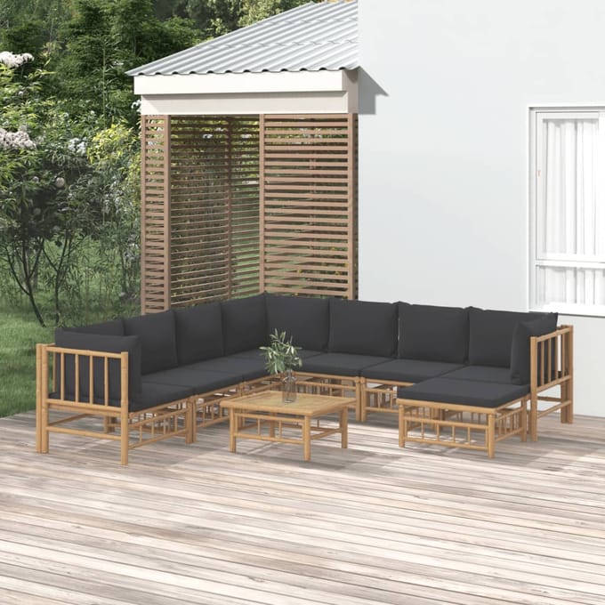 vidaXL - 9-delige - Loungeset - met - kussens - bamboe - donkergrijs