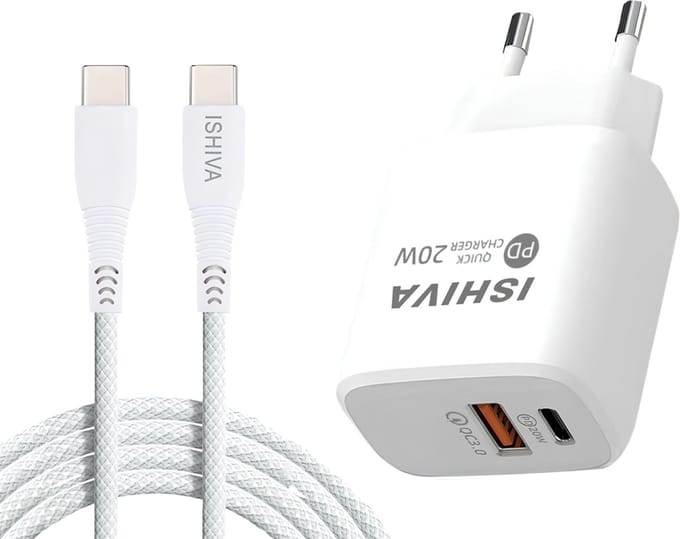 ISHIVA USB C Adapter Oplader USB stekker - USB C naar USB C Kabel - 20W Snellader - 2 jaar Garantie - Wit - 1 meter