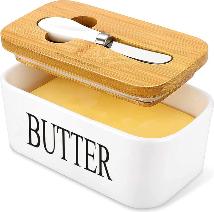 KitchenMonster Botervloot met Botermes - 600 ml Botervlootje Vershouddoos van Keramiek en Bamboe - Botervloot met Deksel Wit