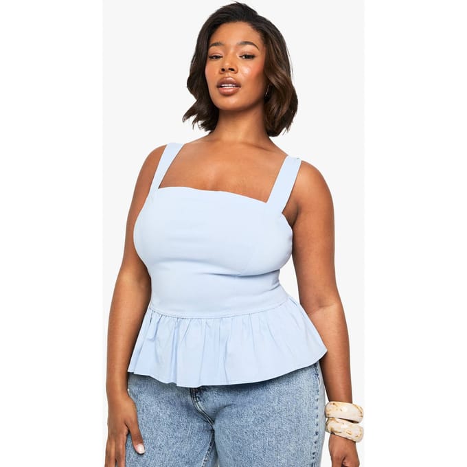 boohoo Dames Plus bengaline peplum top | Poederblauw | Maat: 48