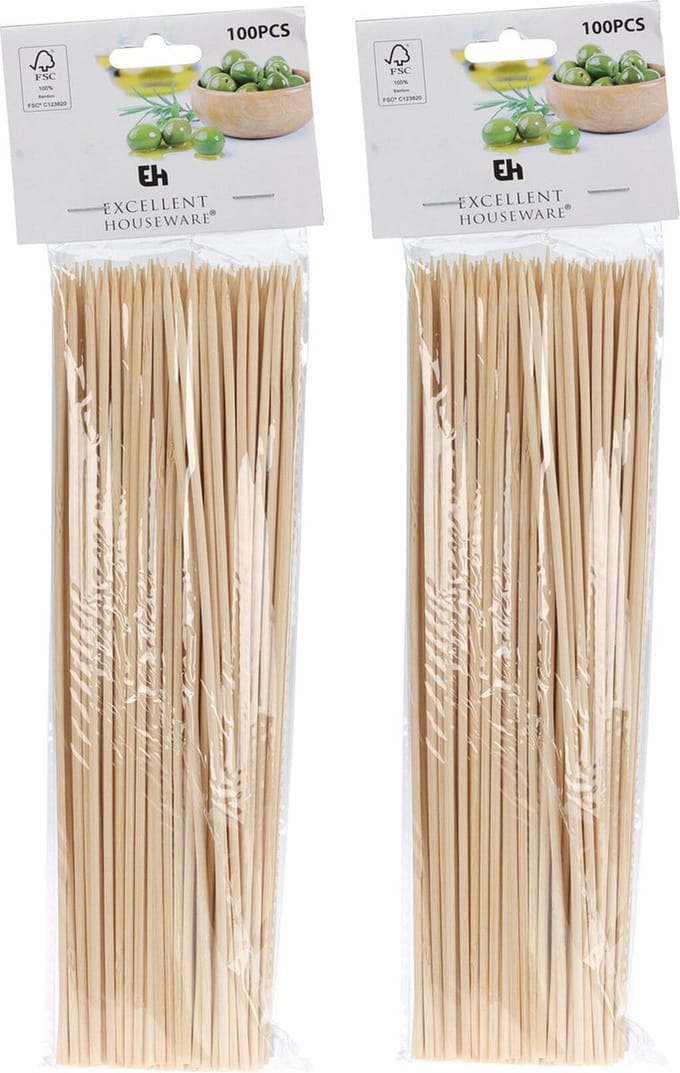 Excellent Houseware Sateprikkers - 200x - bamboe hout - 25 cm - barbecue spiezen - satestokjes
