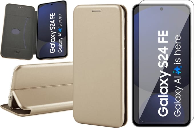 Hoesje geschikt voor Samsung Galaxy S24 FE - Screenprotector Glas - Wallet Book Case Goud