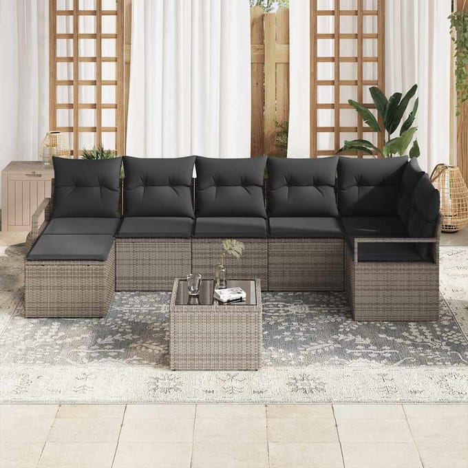 vidaXL Bankstel met kussen met opslag 8 pcs Lichtgrijs poly rattan
