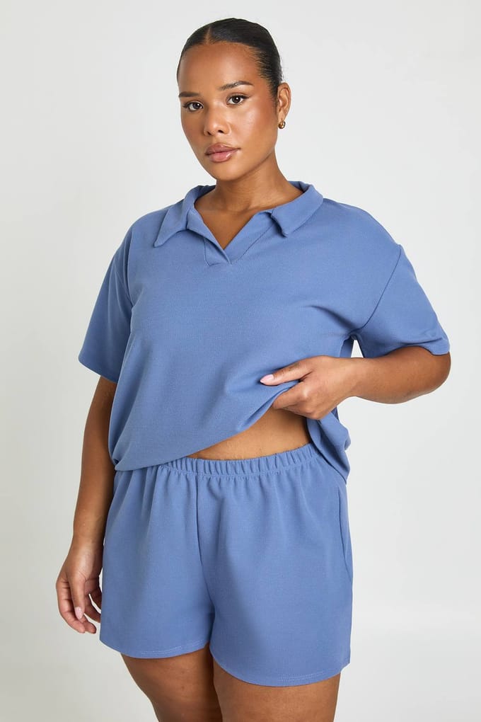 boohoo Dames Plus Wafel Short | Powder Blue | Maat: 16