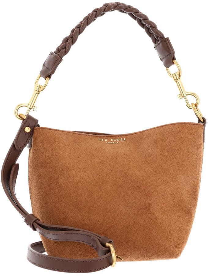 Ted Baker Leren handtas schoudertas Seleeni Weave Handle Suede Small Bucket bag Tan Lichtbruin