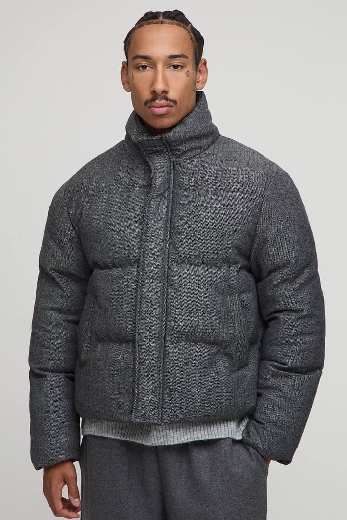 Boxy Fit Check Funnel Neck Puffer Jacket | Grey | Size Medium