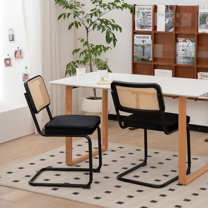 Wishdor Eetkamerstoelen Set Van 2 - Verchroomd Sledeframe - Gestoffeerde Zitting - Geweven Rugleuning - Zwart