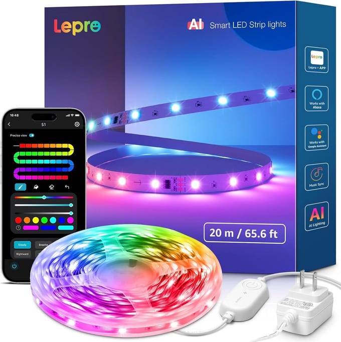 Slimme RGBIC LEDstrip 20 meter met Muziek Sync & AI Lichtassistent - Compatibel met Spraakbesturing