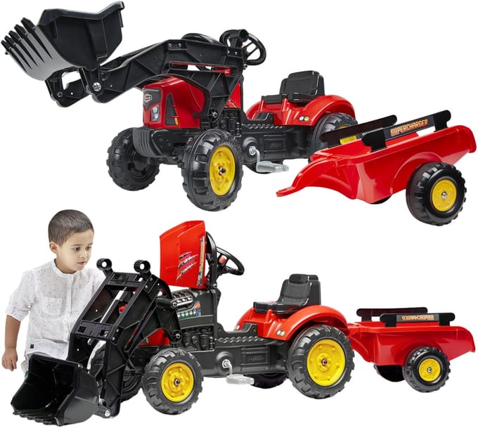 Rode Supercharger traptractor met te openen motorkap en aanhanger