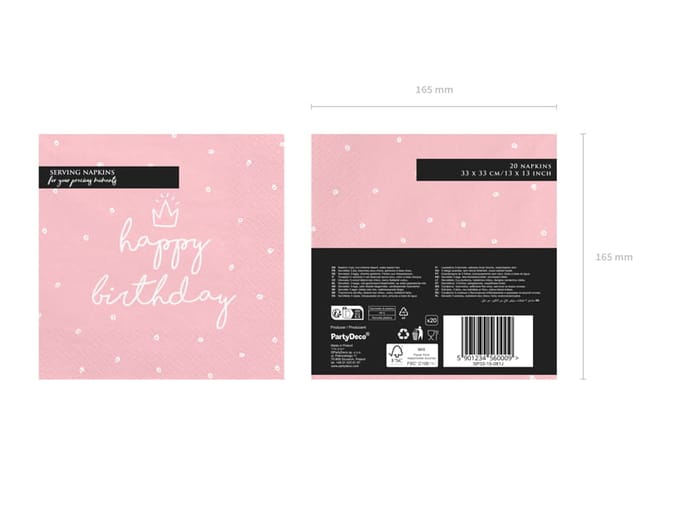 PartyDeco - Servetten - Happy Birthday Roze / Wit 20 stuks