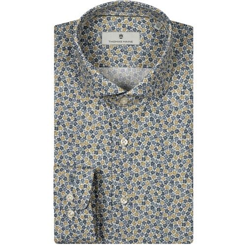 Thomas Maine Overhemd Allover Small Flower Pattern Roma Modern Kent Blue-Mustard-White / male
