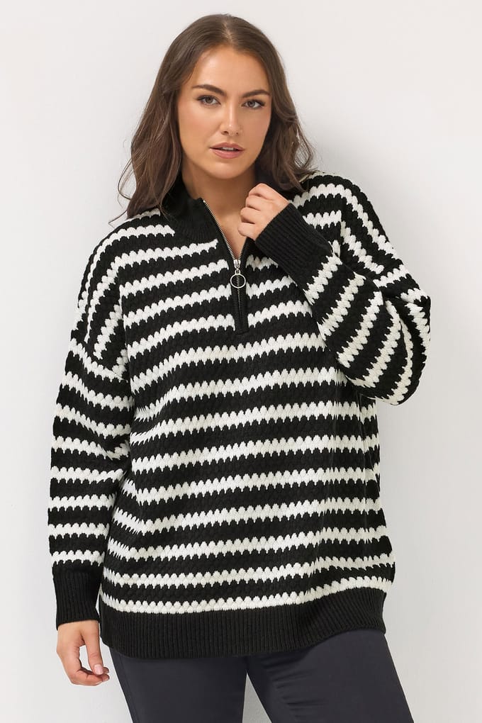 Yours Zwarte Gestreepte Trui Met Kwartrits Size 58-60