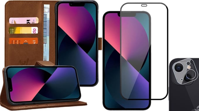 Hoesje geschikt voor iPhone 13 Mini - Book Case Kunstleer Wallet - Bruin - Met Full Screenprotector en Camera Screen Protector