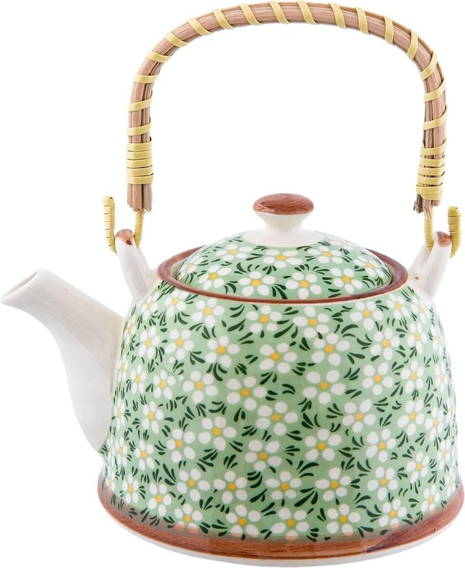 Clayre & Eef Theepot met Filter 700 ml Groen Keramiek Bloemen