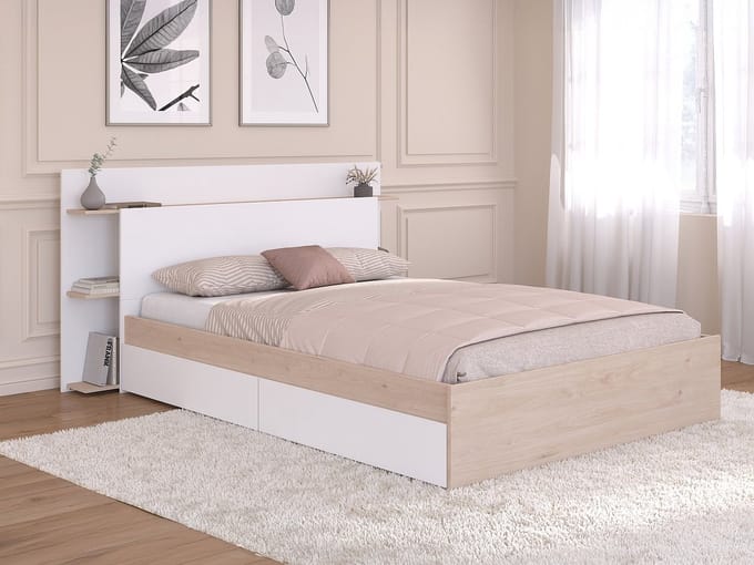 Vente-unique Bedframe hout natuurlijk licht, wit 140 x 190 cm, 140 x 200 cm