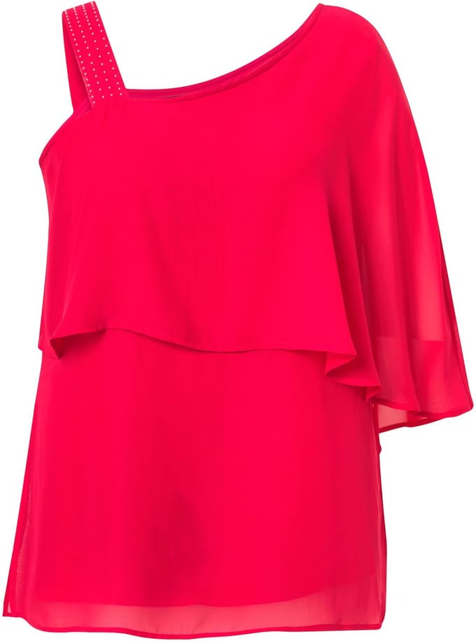 Ulla Popken - Dames - Chiffon blouse one-shoulder overgooier A-lijn 3/4-mouw - Magenta - Maat 58+