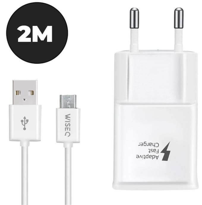 USB oplader geschikt voor Micro USB apparaten, Samsung, Huawei – USB adapter met Micro USB oplaadkabel 2 meter – wit – WiseQ