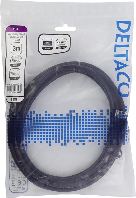 DELTACO HDMI-1030D-FLEX Flexibele HDMI-kabel, High Speed HDMI met Ethernet 4K, UltraHD bij 60 Hz, 3