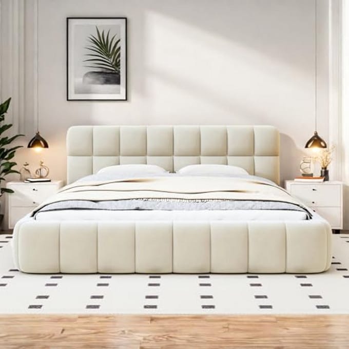 Gestoffeerd tweepersoonsbed 140x190cm met lattenbodem en zachte rugleuning