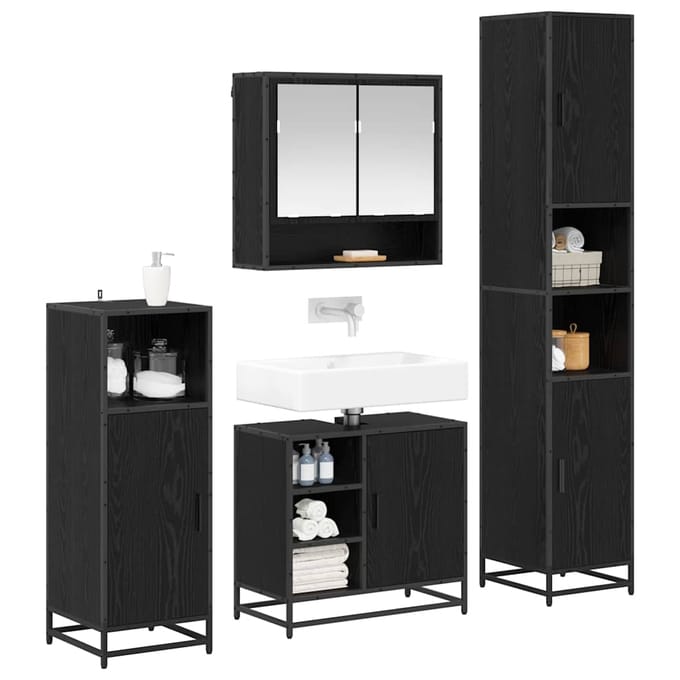 vidaXL - Badkamermeubel - Set - 4 - st - Zwart - Eiken - Bewerkt - hout