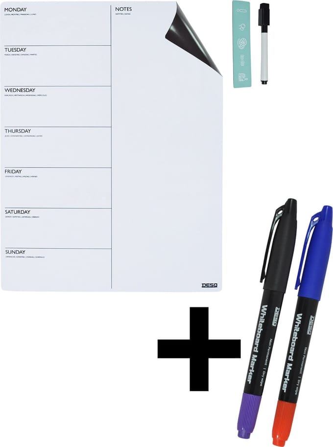 DESQ® Weekplanner - 40 x 30 cm - A3 + 2 stiften| 5 magneten| Whiteboard marker | Magnetisch | Droog uitwisbaar | Nederlands
