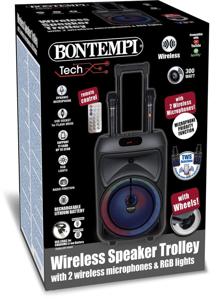 Bontempi - Draadloze trolley Speaker - met 2 draadloze microfoons - lichteffecten