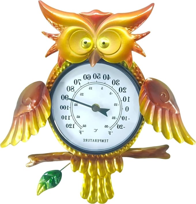 Uil Thermometer - Decoratie Weer - Buiten Temperatuur - Waterdicht Metaal - 37 cm Hoog - Goud