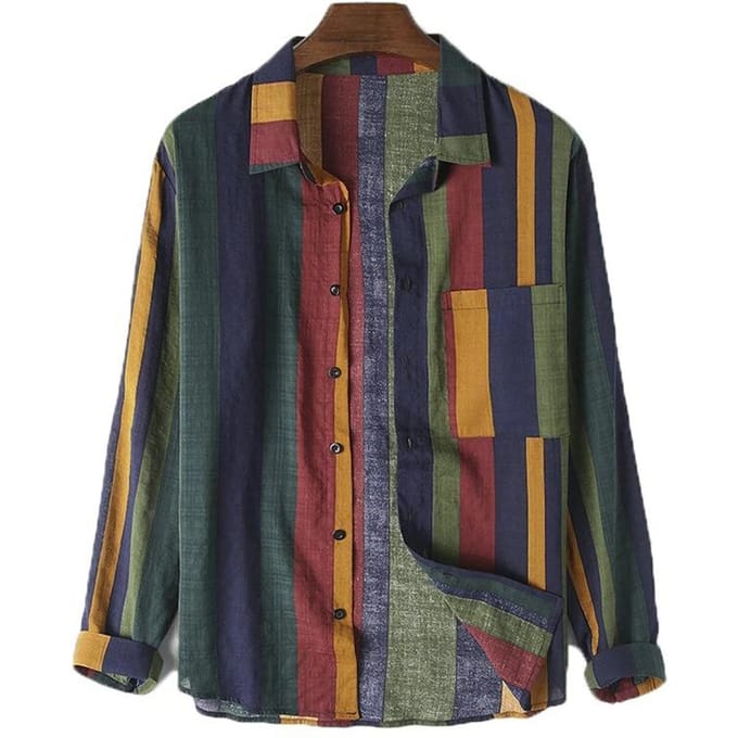 Blouse Chemise Rayée en Coton Lin Manches Longues Profonde à Contraste de Couleurs M black