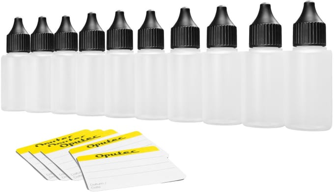 Oputec 10x 30 ml druppelflessen – PE doseerflessen – levensmiddelveilig + etiketten