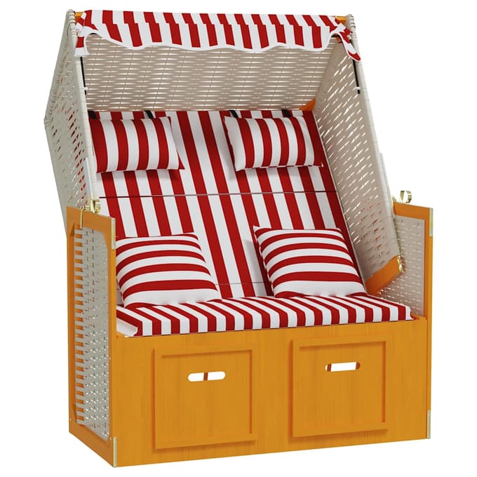 vidaXL - Strandstoel - met - kussens - poly - rattan - en - hout - rood - en - wit