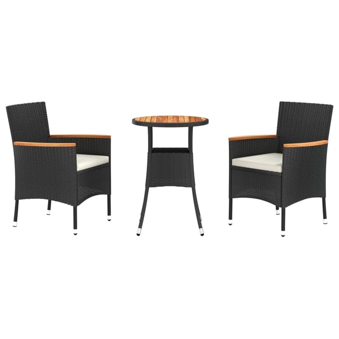 vidaXL - 3-delige - Bistroset - met - kussens - poly - rattan - zwart