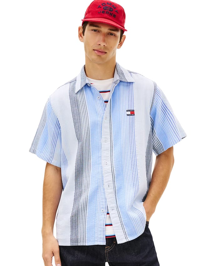 Tommy Hilfiger Korte Mouw Overhemd Relaxed Fit Stripe Sweet Blue  S